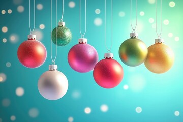 Fototapeta premium Colorful Christmas ornaments hang from strings against teal background with soft bokeh. Sparkling balls in various colors like red, pink, green, gold, white. Festive holiday decor. Bright, cheerful