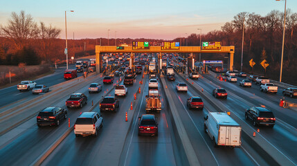 A bridge toll plaza jammed with cars and trucks during holiday travel.
