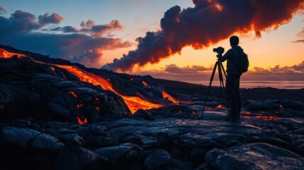 A photographer silhouetted against the fiery glow of a lava flow during a volcanic eruption.