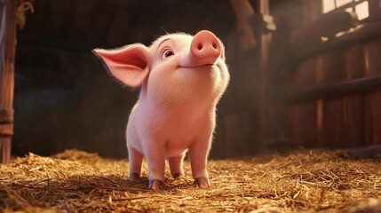 A piglet standing on a hay-covered floor, curiously sniffing the air with its tiny snout.