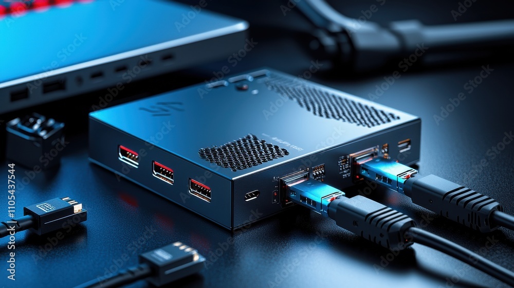 Poster High-speed thunderbolt cable connection professional workspace technology image dark environment close-up view high-tech concept