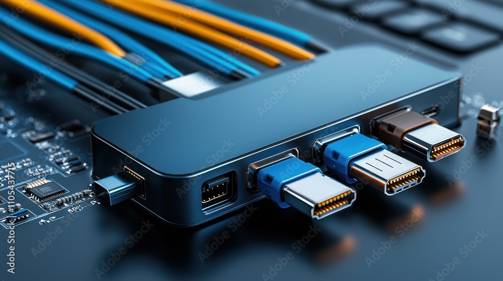 Poster Macro shot of a laptop docking station with multiple low resolution cables technology setup close-up view modern workspace detail focused perspective for enhanced visual appeal