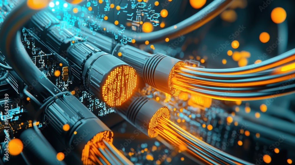 Poster illuminated network switch ports data center macro view technology environment close-up glowing conn
