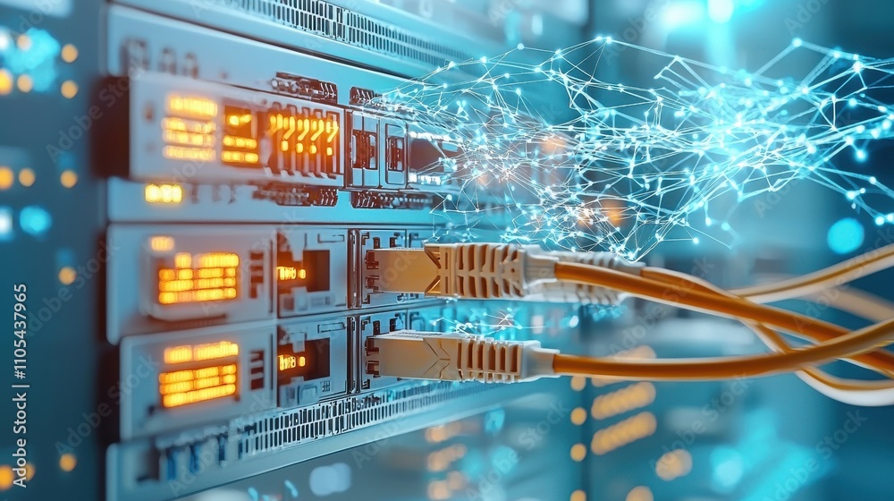 Aufkleber Macro view of a network switch in a data center digital technology high-tech environment glowing ports for enhanced connectivity