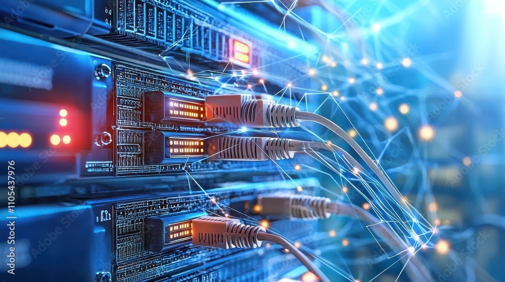 Poster Illuminated network switch ports in a macro view data center technology image digital environment close-up perspective high-tech concept