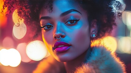 A portrait of a stylish woman with a nose stud, wearing a faux fur coat and vibrant lipstick, under evening lights.