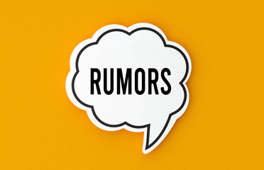 Rumors concept written in a speech bubble. Yellow background, illustration.