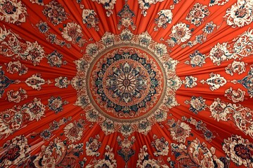 Beautiful pattern on a red background. Vector mandala template. Golden design elements. Traditional Turkish, Indian motifs. Great for fabric and textile, wallpaper, packaging or any desired idea.