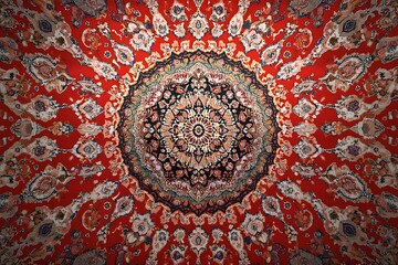 Beautiful pattern on a red background. Vector mandala template. Golden design elements. Traditional Turkish, Indian motifs. Great for fabric and textile, wallpaper, packaging or any desired idea.