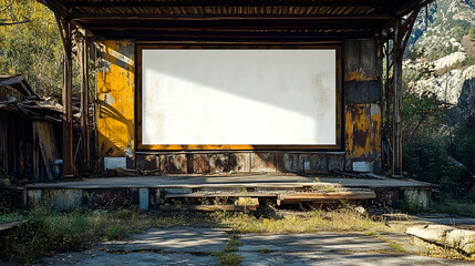 Fototapeta premium Rustic Abandoned Stage with Blank Billboard: Overgrown outdoor theater, weathered white screen advertisement