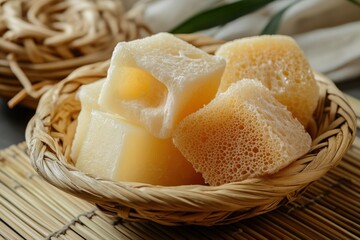 A basket of natural soaps and loofahs on a bamboo mat.