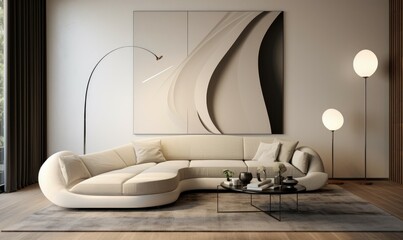 Modern Stylish living room with modern art,   Neutral colors and minimalist design offer a perfect space for relaxation.