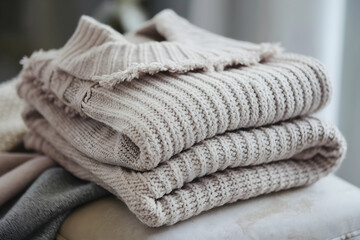 Light colored sweater with frayed edges on a surface, cozy home ambiance