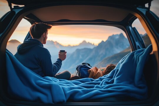 Man enjoys coffee in car trunk at sunset. Mountain view. Camping gear present. Peaceful scene. Adventure time. Morning light. Travel. Vacation. Relaxation.