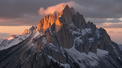 Generative AI, Jagged Mountain Peak at Sunset with Snow-Dusted Ridges