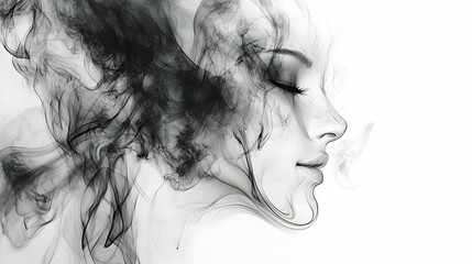 Abstract Smoke Woman Face Profile Illustration: A grayscale digital art rendering of a woman's face subtly formed within swirling smoke, creating an ethereal and elegant visual.