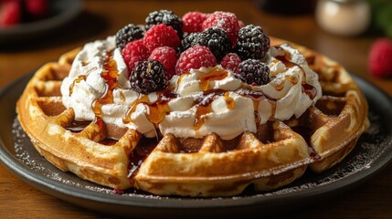 Close-up of a freshly made waffle topped with whipped cream, perfect for breakfast and dessert visuals