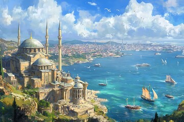 Touristic sightseeing ships in istanbul city, Turkey.
