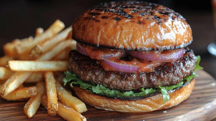 Close-up of a gourmet burger with layers of fresh ingredients, ideal for food and restaurant-themed visuals