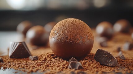 Close-up of a gourmet chocolate truffle dusted with cocoa powder, perfect for dessert and luxury food visuals