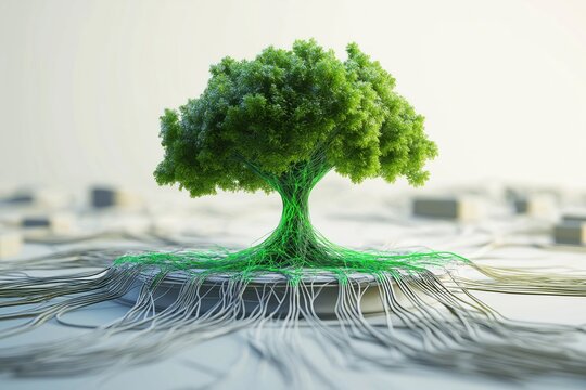 Tech tree grows on network lines. Eco friendly tech concept. Smart agriculture. Future of energy. Green energy illustration. Modern tech tree with eco roots. Future tech and nature concept.