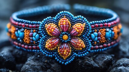 Fototapeta premium Close-up of a handmade bracelet with intricate beading, ideal for jewelry and fashion accessories