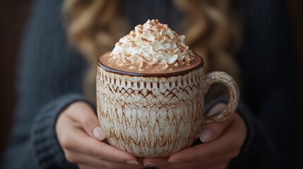 Handmade pottery mug filled with hot cocoa, perfect for showcasing artisan winter beverages and cozy designs
