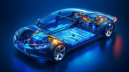 3D Model of Electric Vehicle: Internal Components and Battery System Displayed with cutaway view on a dark blue background
