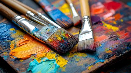 Fototapeta premium Vibrant Paintbrushes Rest on a Colorful Artist's Palette, showcasing Diverse Hues and Textures
