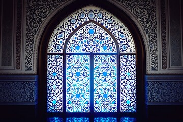 Obraz premium Moon light shine through the window into islamic mosque interior. Ramadan Kareem islamic background