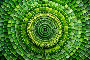 Abstract Green Radial Square Shape Mosaic Spiral Background Featuring Intricate Patterns and Vibrant Hues for Creative Designs and Artistic Projects