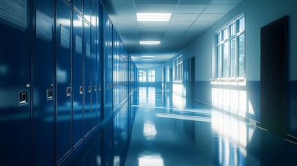Fototapeta premium Empty School Hallway with Blue Lockers and Shiny Floor, Quiet Classroom Corridor in Modern Educational Institution