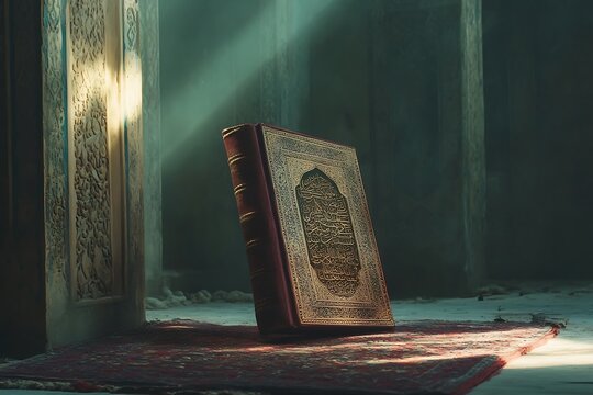 Islamic concept - The Holy Al Quran at beautiful mosque with written Arabic calligraphy meaning of Al Quran and rosary beads or tasbih, Arabic word translation: The Holy Al Quran (holy book of Muslim)