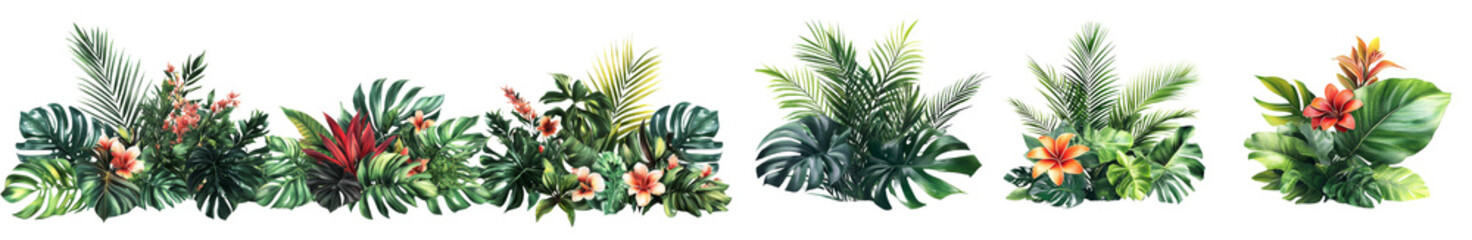 Obraz premium Tropical foliage with vibrant flowers and lush greenery