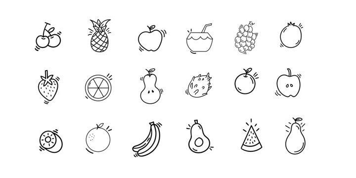 Cute fruit doddle collection set,Hand drawn Fruit set,Editable Flat image Pack.