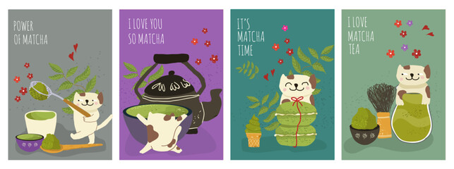 Cute Cats Enjoying Matcha Tea in Illustrated Panels
