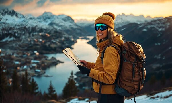 Hiker studying a map overlooking a scenic mountain landscape.