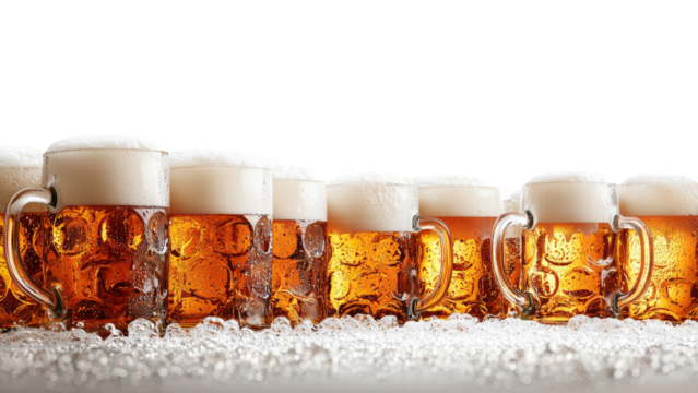 Row of frothy beer mugs with bubbles on white background