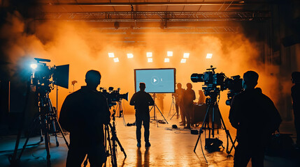Film Crew Filming a Scene in a Studio with Orange Lighting