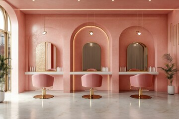 A pink salon with three pink chairs and three mirrors