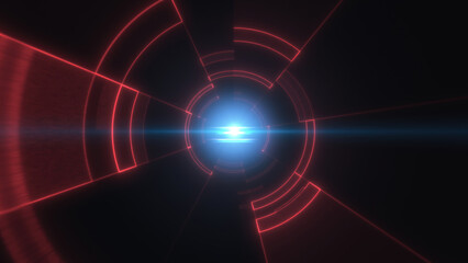 Red and blue light tunnel with glowing concentric lines and bright central light, offering a dynamic, futuristic aesthetic with a cyberpunk feel background
