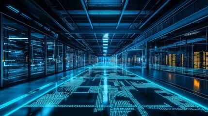 Futuristic interior of blue colors, Datacenter abstract motion graphics. Digital connection supercomputer. Modern cyber design, cosmic ship with neon lights. Hypnotizing tunnel pov/fpv flight.