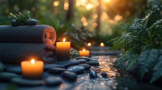 High-definition image of a luxurious spa setting with candles and calming ambiance, ideal for wellness and relaxation themes