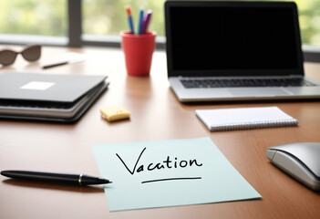 A note on the office desk with the text vacation