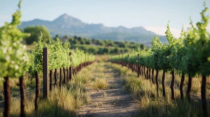 Fototapeta premium Lush vineyard illuminated by sunlight in Italy. European agriculture business. Winemaking farm summer scenic natural landscape. Outdoor Mediterranean grape plantation, warm sunny summer scenery.