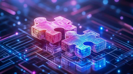 Rolgordijnen zonder boren Two composed puzzles made in a digital style. They glow in bright shades of blue and pink. High technology, integration and communication. © Alex Alex