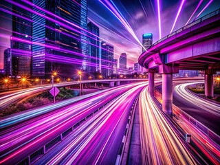 Fototapeta premium Abstract Nighttime Motorway Scene Featuring Particle Motion Light Effects with Neon Purple Flare Traces and Long Exposure Photography of Speedy Vehicles