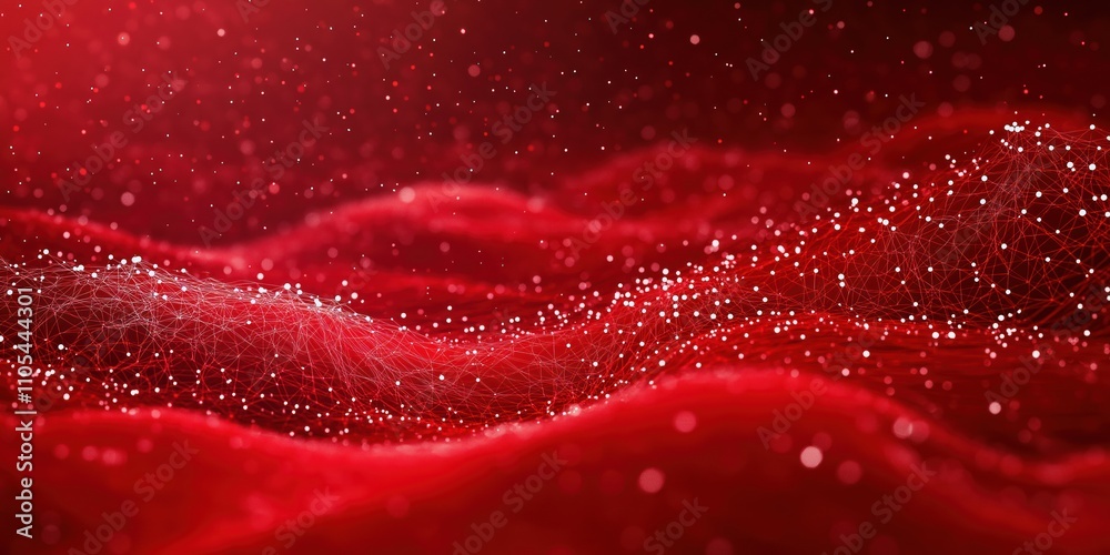 Poster abstract red background with network mesh, particle connections. wavy background design. tech abstra