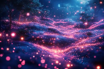 A field of blue and pink lights with a tree in the background