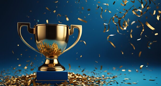 Golden trophy cup with falling confetti on blue background for victory celebration